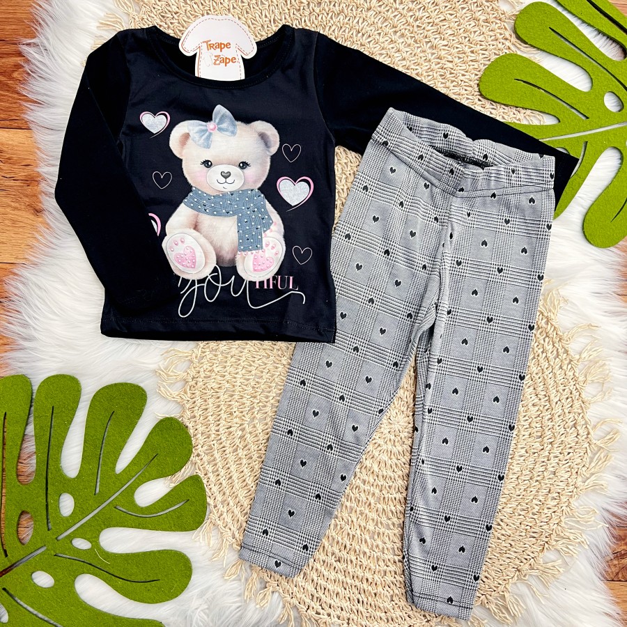 Conj. Blusa Manga Longa Ursinha e Calça Legging Mini Corações - Preto 